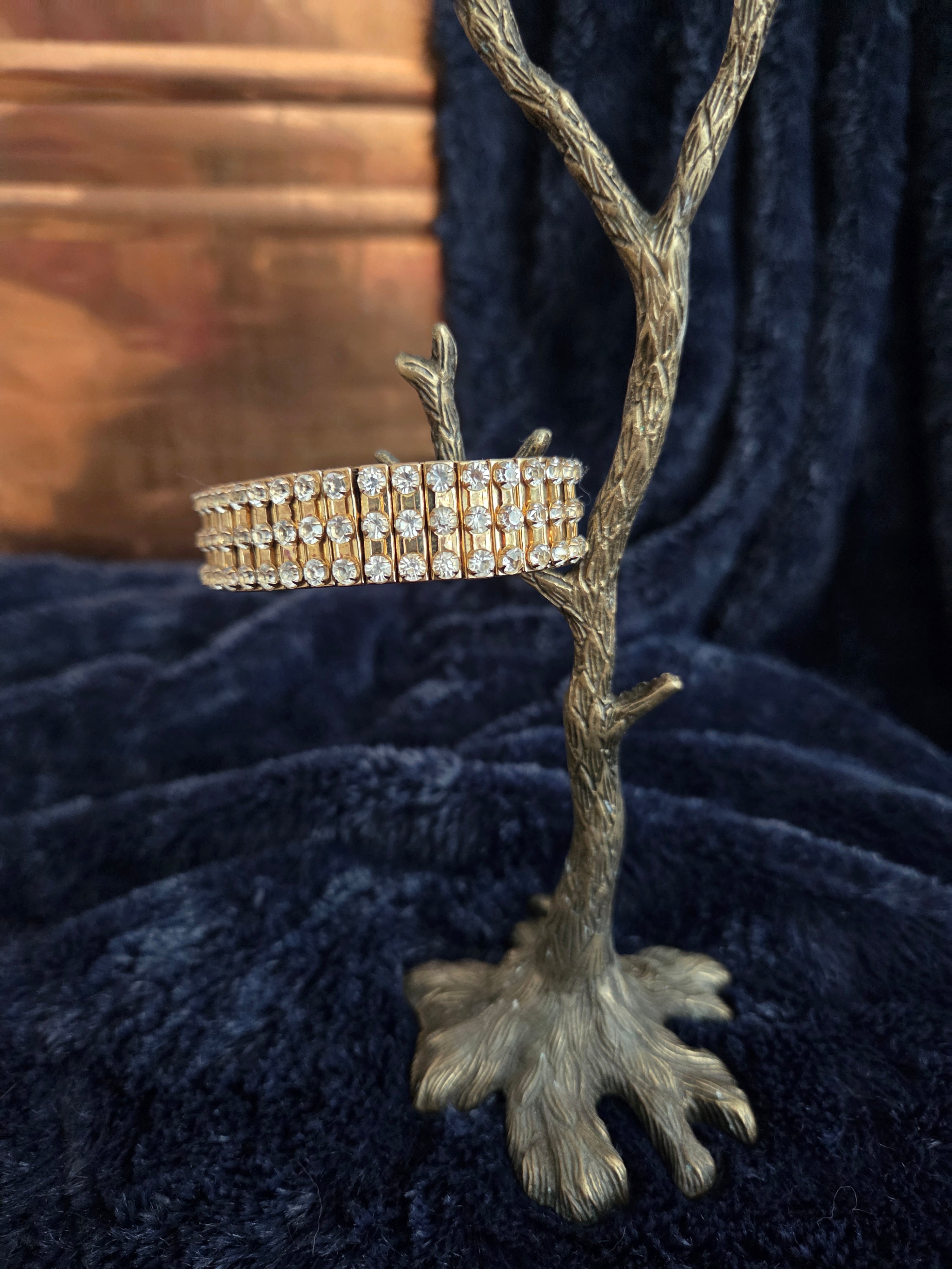 Brass rhinestone mid century stretch bracelet